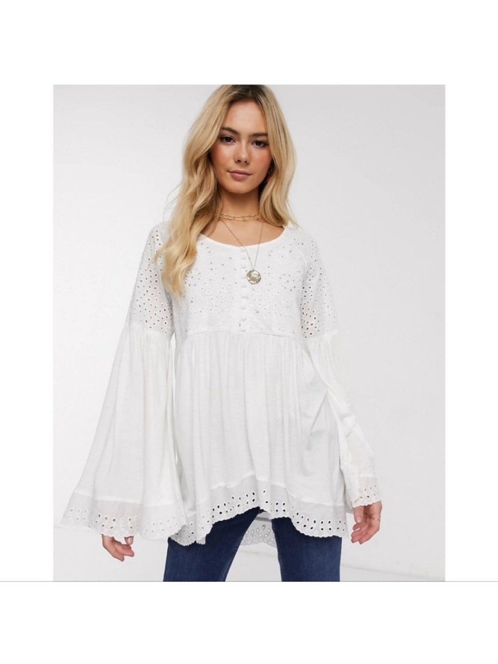Free People White Eyelet Babydoll Peasant Top